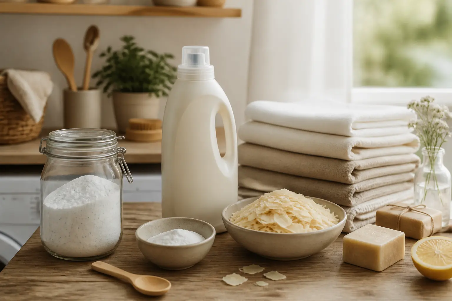 Lessive maison dans une buanderie soignée avec bocal en verre, flocons de savon, bicarbonate et linge plié.