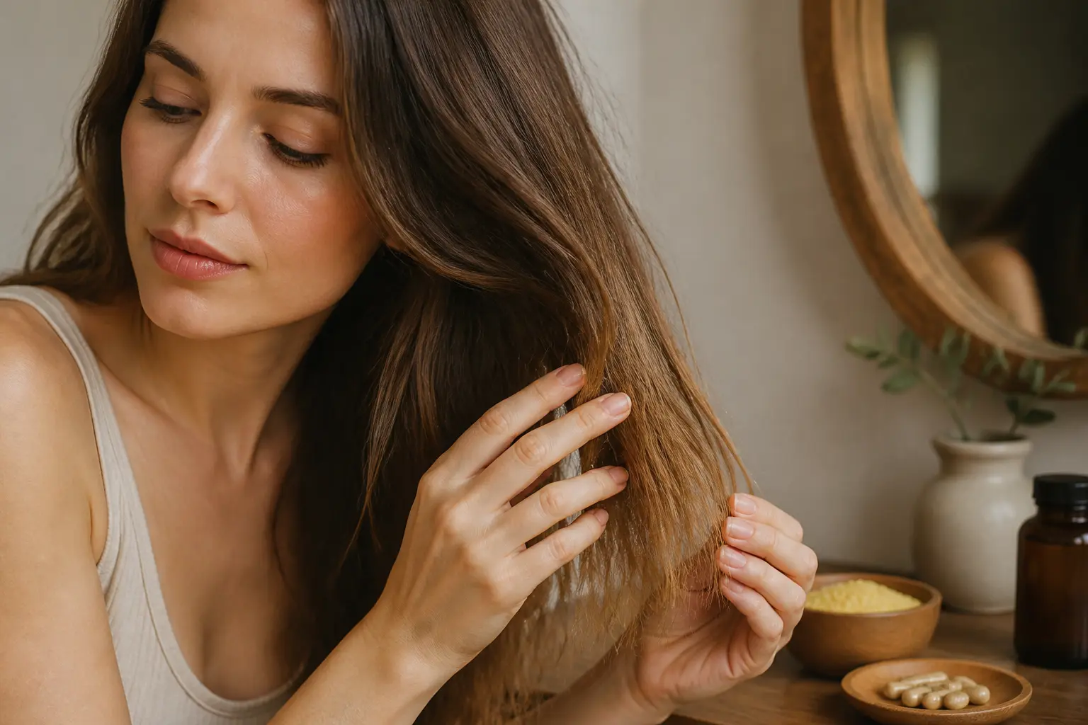 Portrait d’une femme aux cheveux secs, avec levure de bière cheveux et accessoires bien-être sur une coiffeuse épurée.