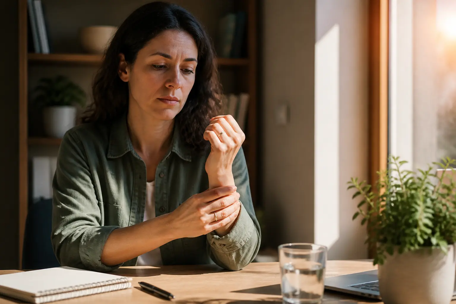 Femme adulte près d’une fenêtre, main sur le poignet, illustrant les lupus symptômes dans une ambiance douce et naturelle