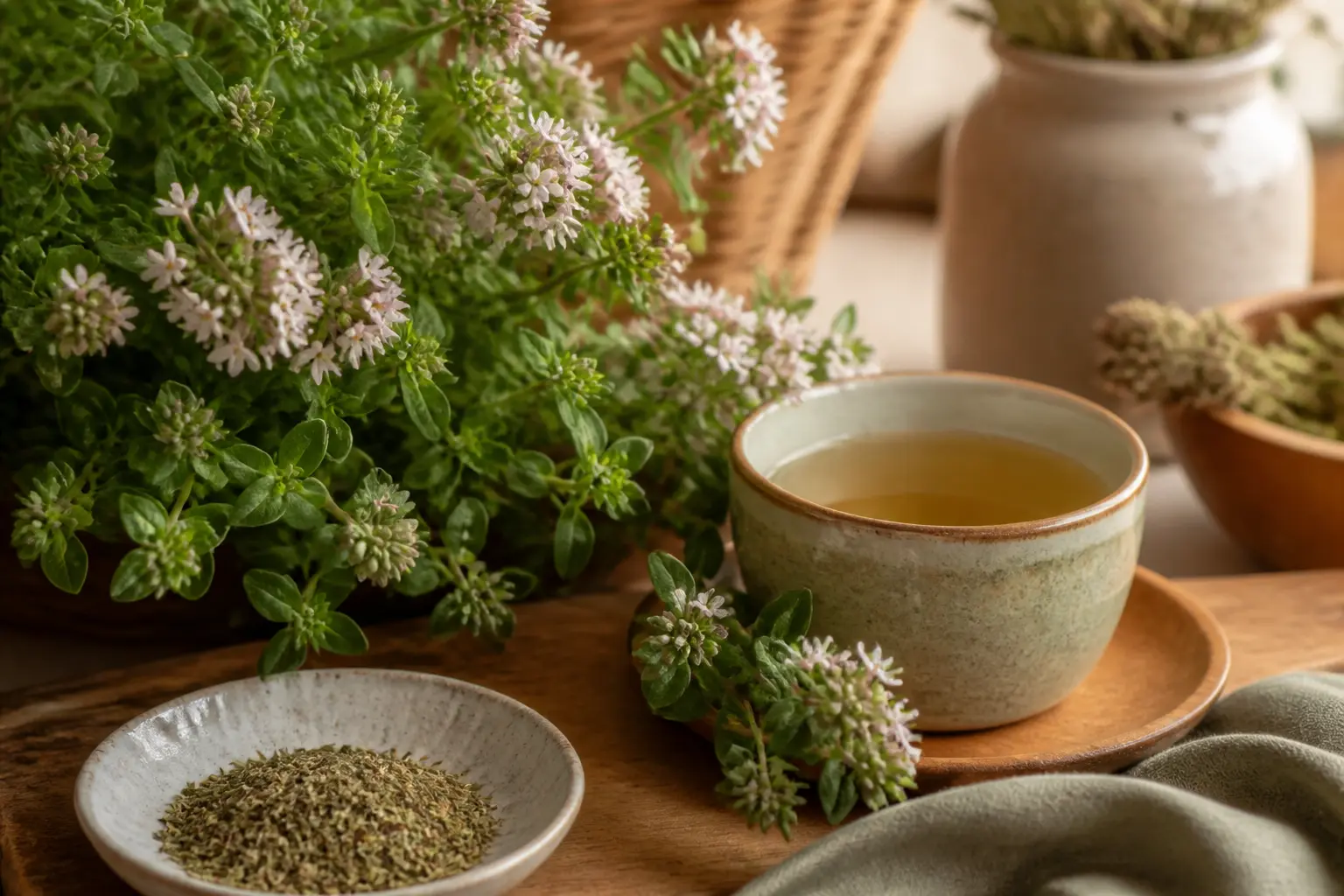 Marjolaine méditerranéenne en pot, fleurs blanches, herbes fraîches et infusion dans une cuisine rustique chaleureuse