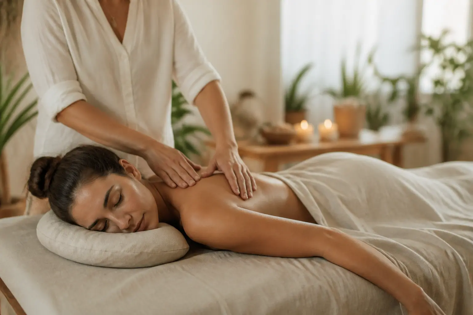 Massage energetique sur une femme allongée en spa, mains du praticien sur épaules, ambiance zen et naturelle