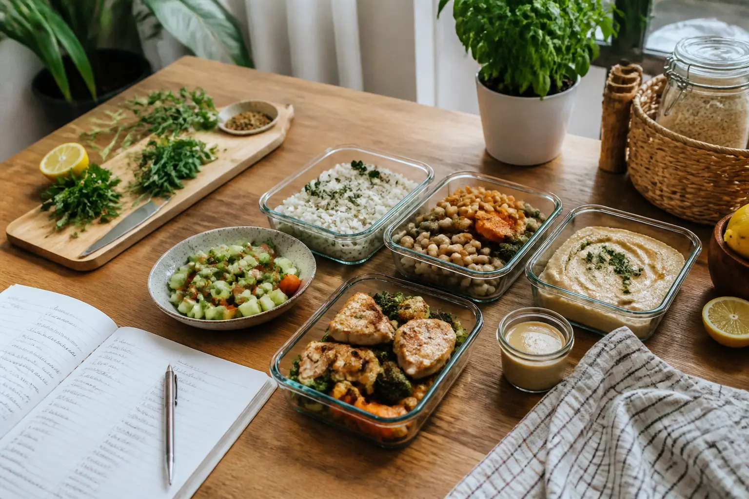 Meal prep hebdomadaire en cuisine française : boîtes repas, riz, légumes rôtis, poulet, herbes et planning.