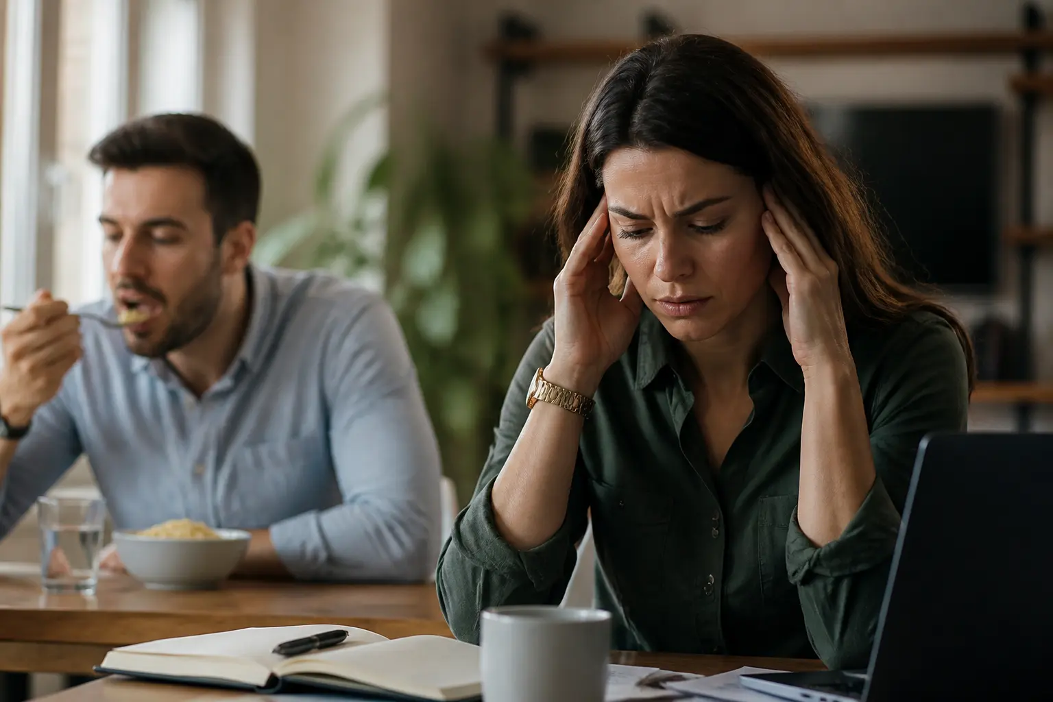 Personne en misophonie, tendue à table, gênée par un bruit banal dans un intérieur moderne chaleureux