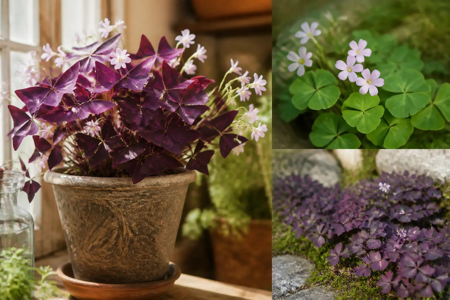 Oxalis triangulaire violet en pot près d’une fenêtre, feuilles trifoliées vertes et fleurs étoilées, ambiance jardin intérieur.