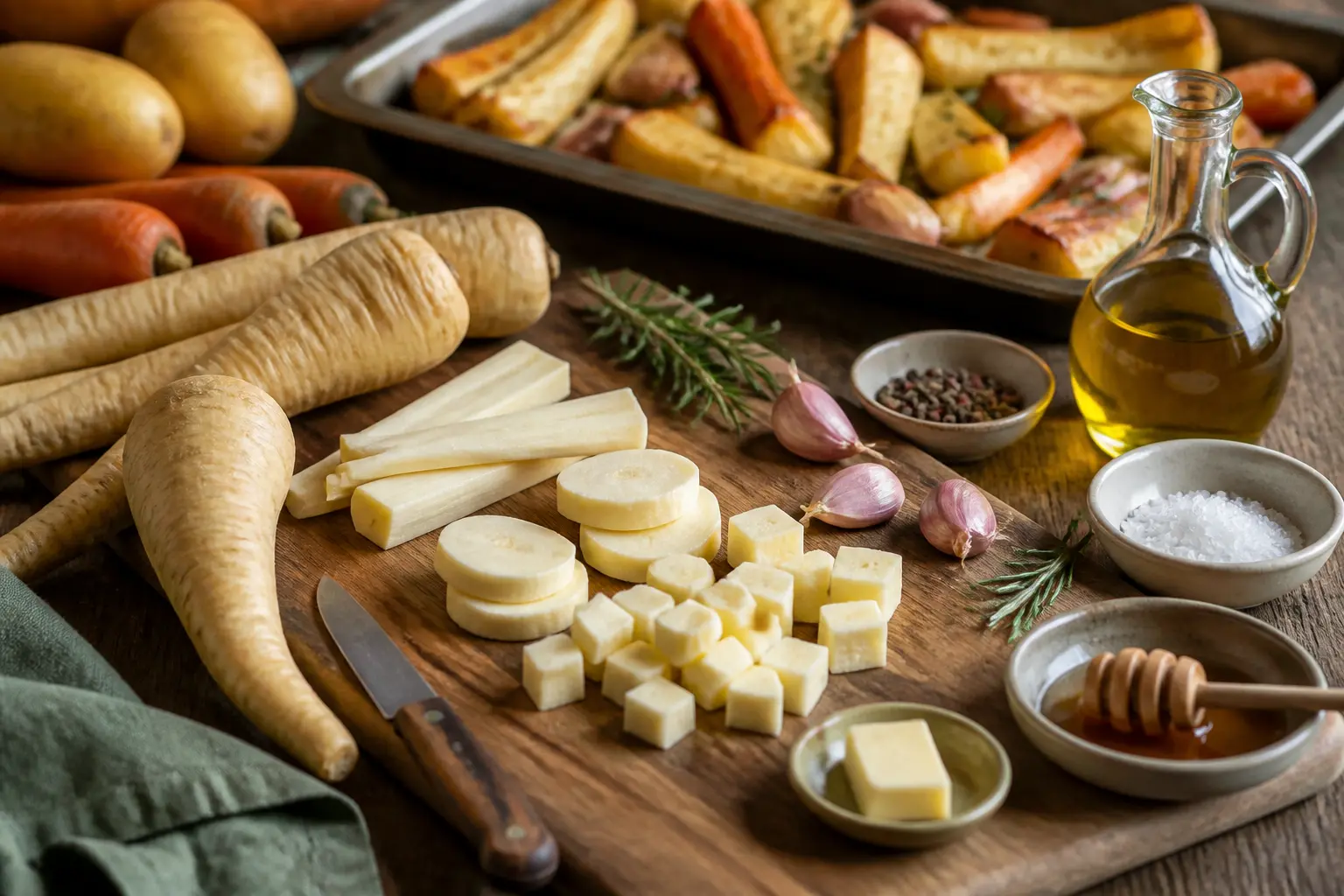 Panais recette : parsnips frais, coupés et rôtis, avec carottes, pommes de terre, miel, romarin et ail en cuisine rustique