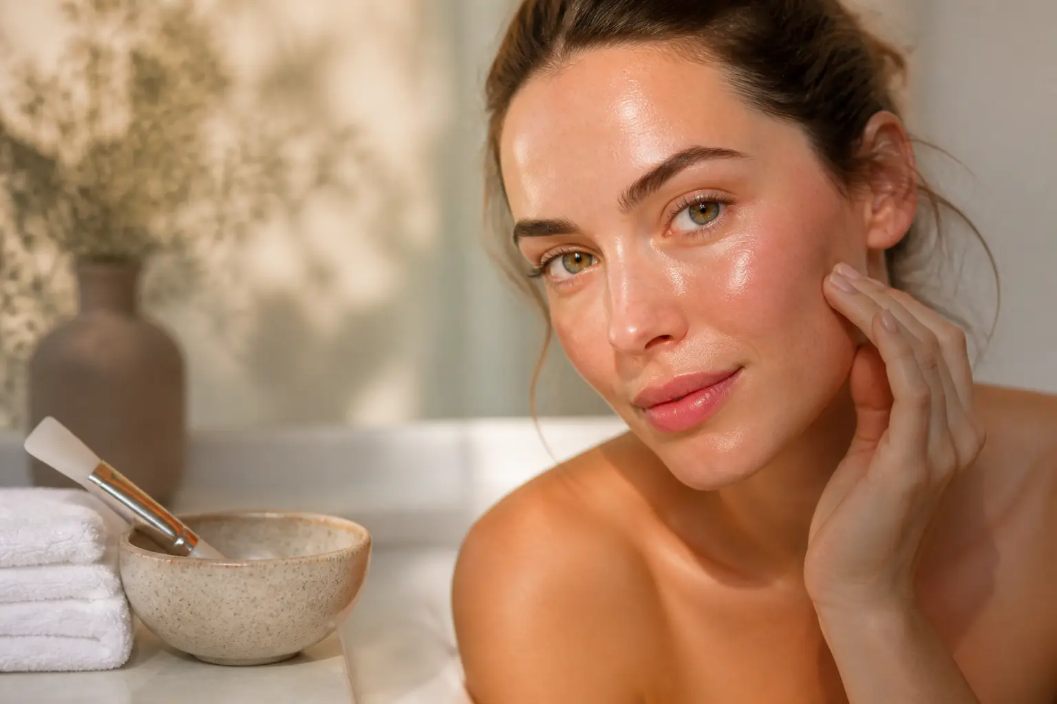 Peeling visage bienfaits : femme sereine au teint lumineux, bol en céramique, applicateur et serviette, ambiance spa naturelle