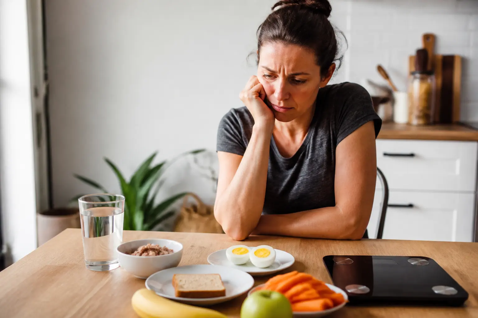 régime militaire perdre 8 kilos en 1 semaine : adulte inquiet face à un repas strict avec œufs, pain, thon, fruits et balance