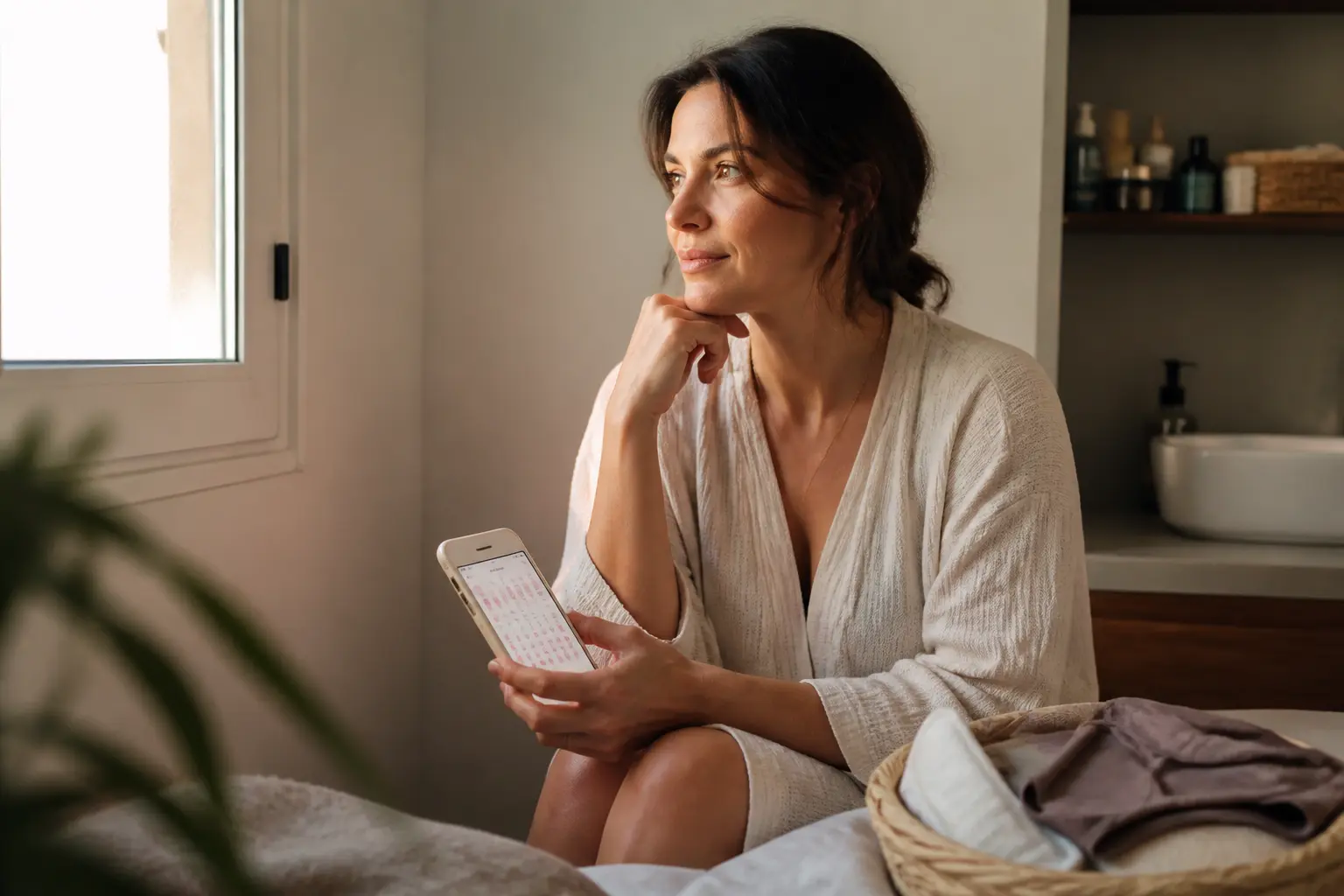Femme adulte consultant son calendrier menstruel, contexte de spotting discret, ambiance médicale douce et naturelle
