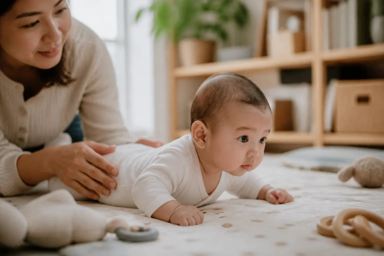 Bébé en tummy time sur tapis doux, soutenu par un parent, levant la tête dans un intérieur chaleureux.