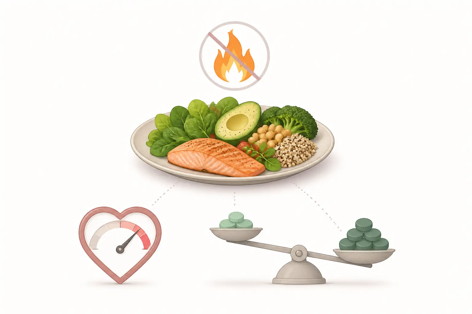 Schéma minimaliste sur l’aliment brule graisse : assiette, flamme barrée, faim et balance calorique