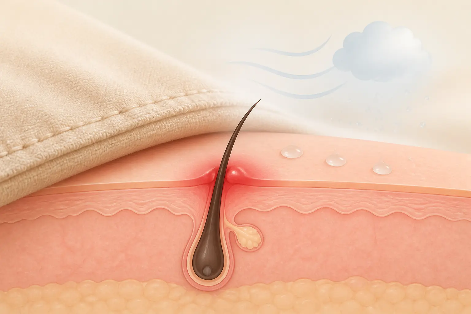Bouton sur les fesses illustré en coupe de peau avec follicule enflammé, rougeur, sueur et frottement du tissu