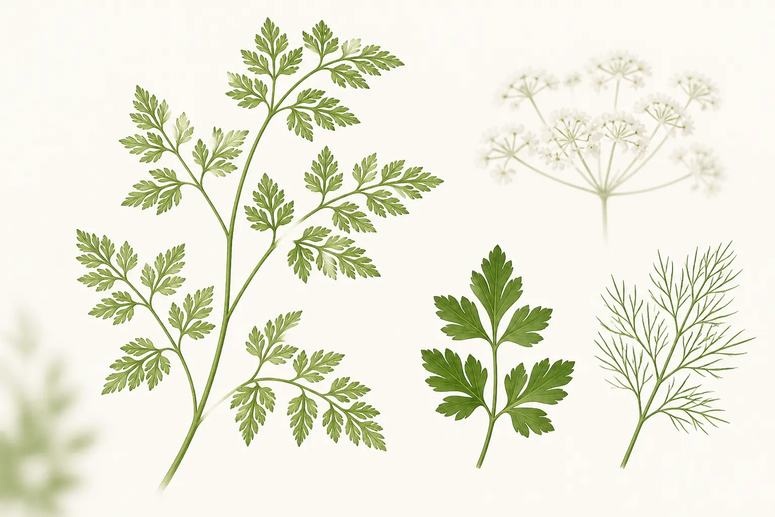 Cerfeuil commun en sprig délicat, comparé au persil et à l’aneth pour l’identifier facilement.
