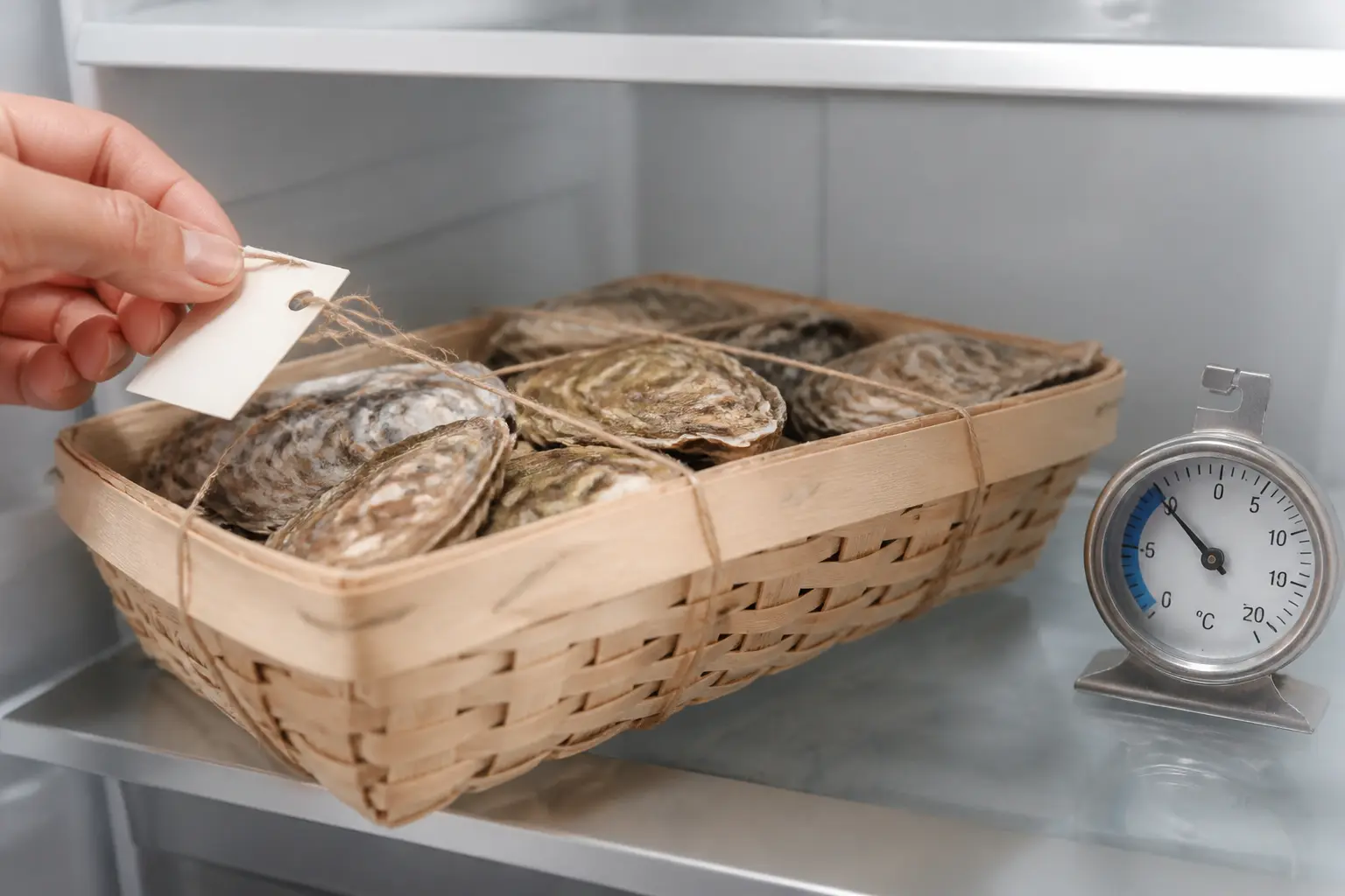 Conservation huitres : bourriche au frigo, thermomètre froid et main vérifiant la date d’achat
