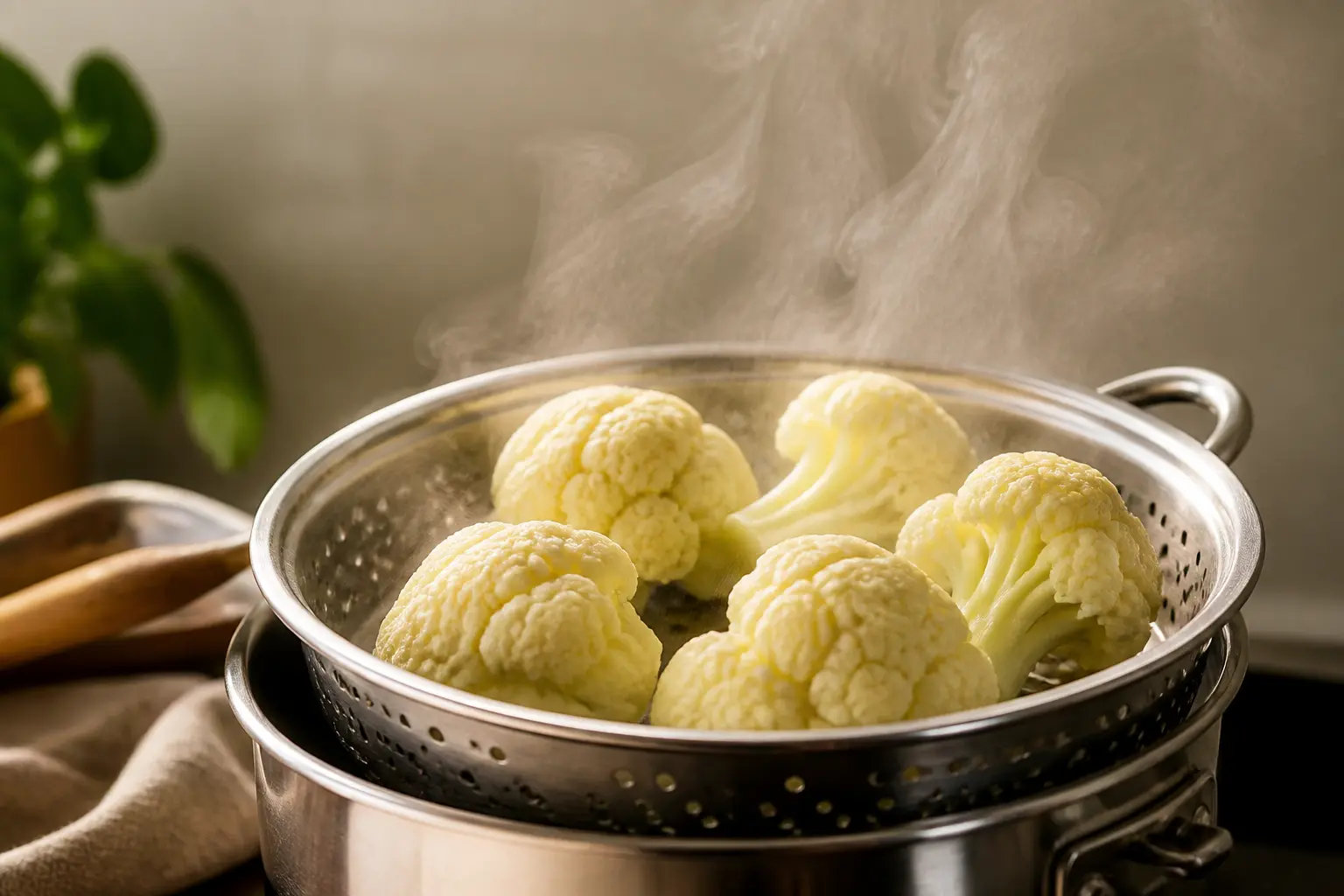 Cuisson vapeur chou fleur dans un panier inox, florettes intactes et vapeur douce en cuisine minimaliste.