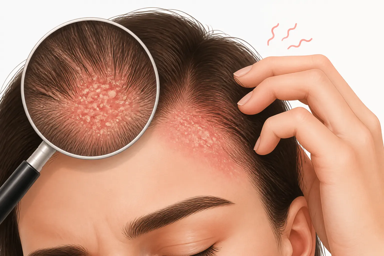 Dermite séborrhéique remède grand-mère : cuir chevelu et sourcil avec plaque rouge, squames grasses et démangeaison