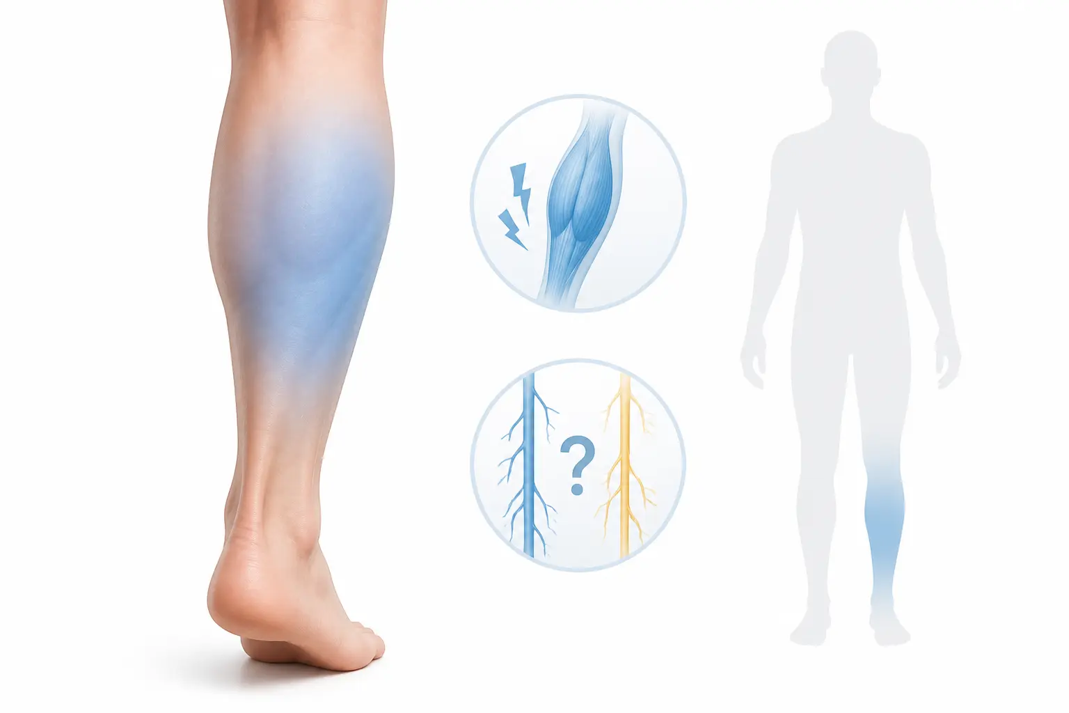 Douleur mollet gauche illustrée sur un mollet gauche surligné en bleu, avec crampe légère et silhouette neutre.