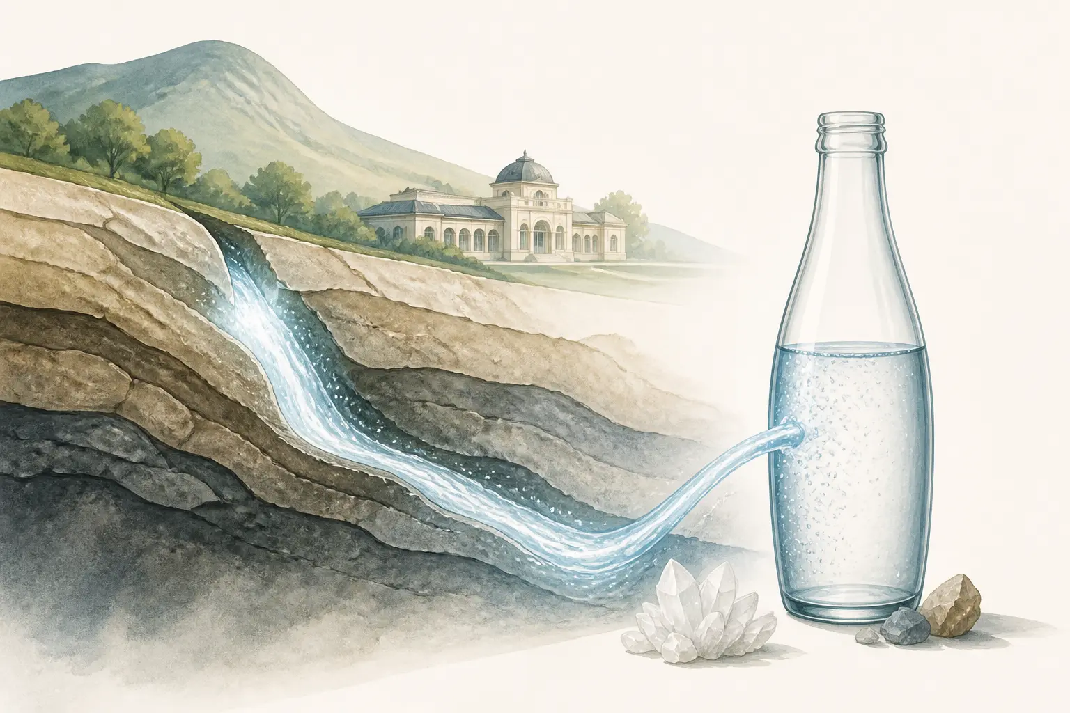 Bassin thermal de Vichy, source minérale et bouteille d’eau de Vichy dans un paysage d’Auvergne
