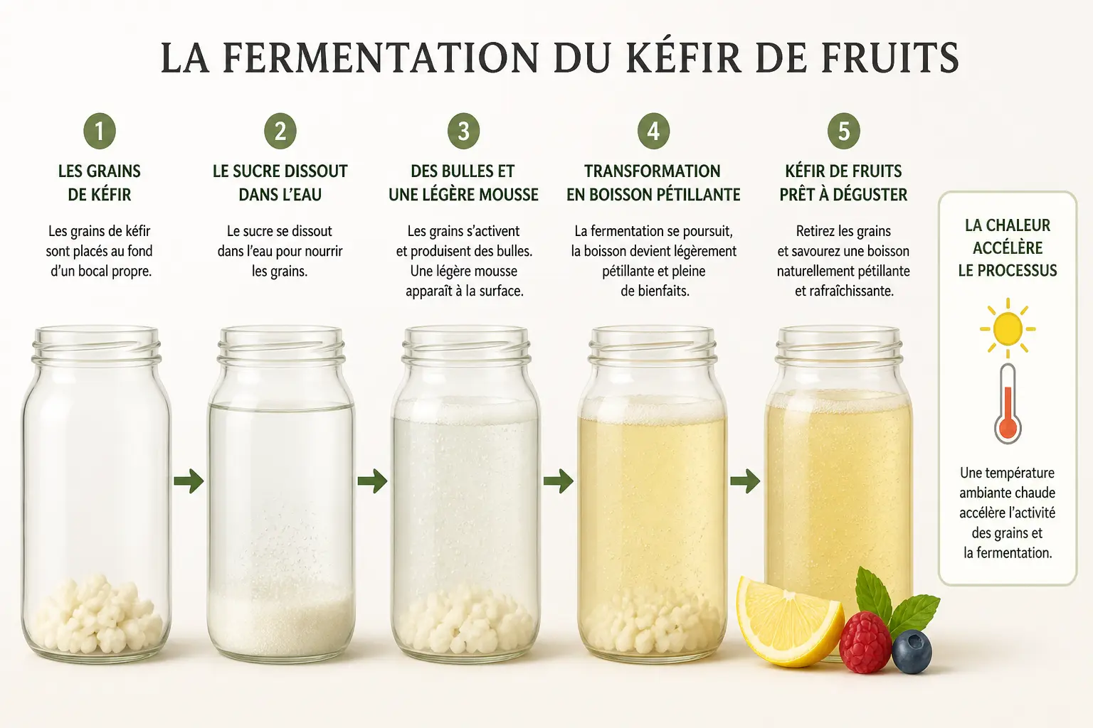 Faire du kefir : schéma du kéfir de fruits en bocal, sucre dissous, bulles et fermentation