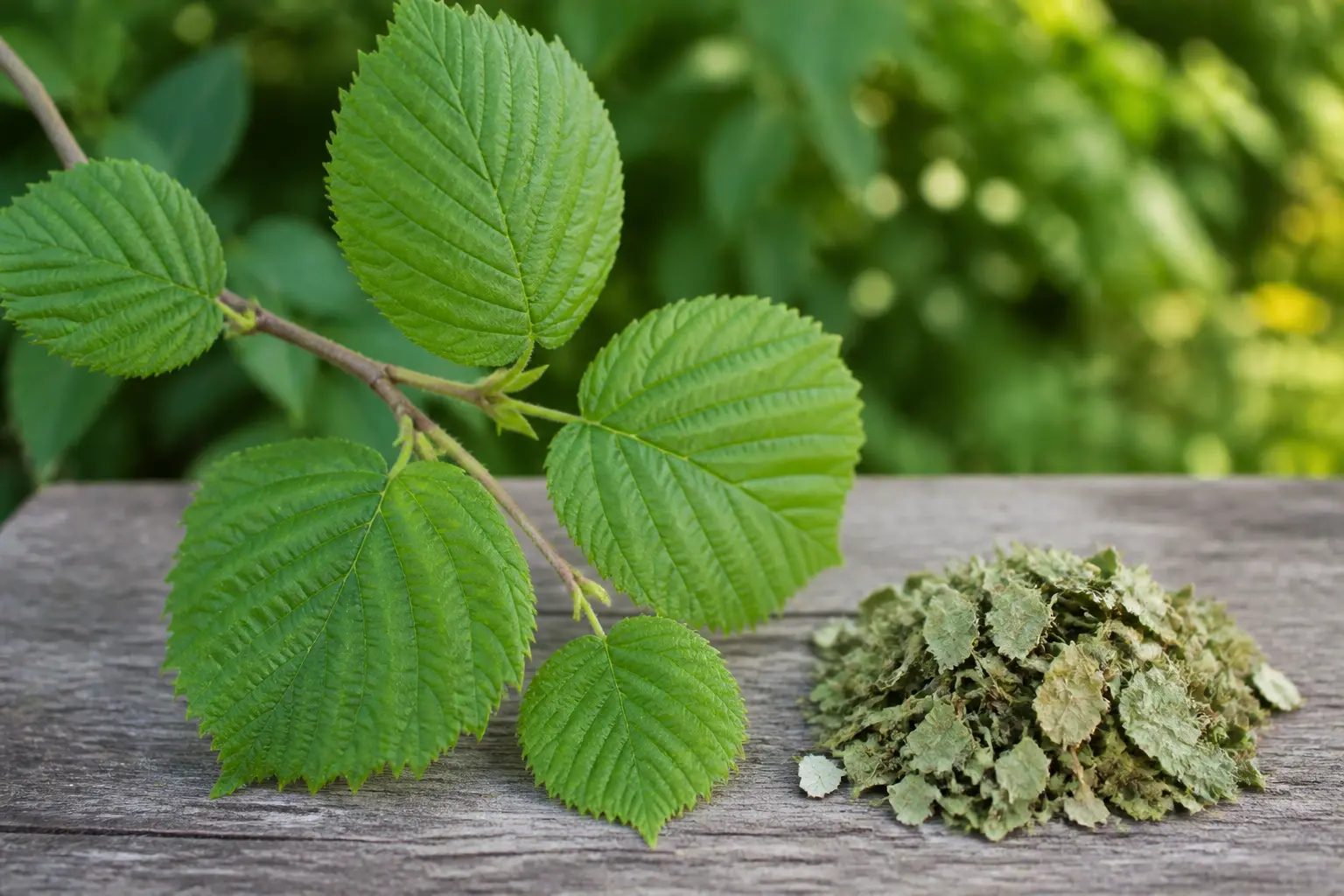 Feuille de noisetier fraîche et feuilles séchées de noisetier, en gros plan botanique