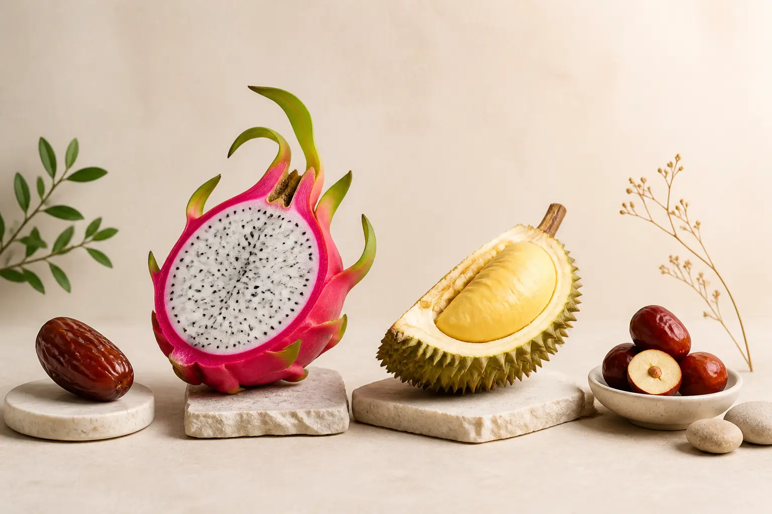 Sélection de fruit en d : datte, fruit du dragon, durian et jujube sur fond neutre.