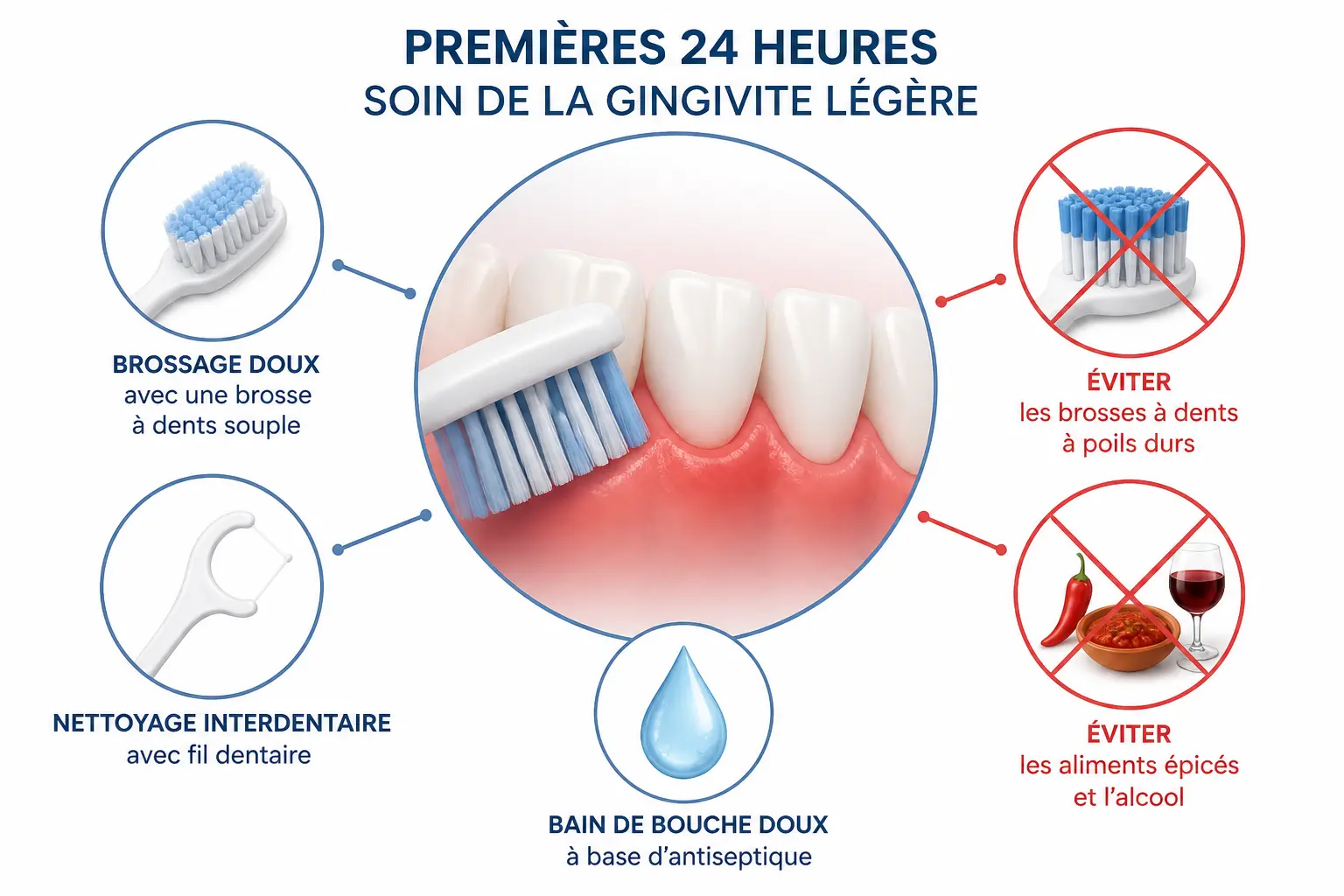 Gingivite traitement naturel : brosse souple, fil dentaire et bain de bouche doux pour les premières 24 h.
