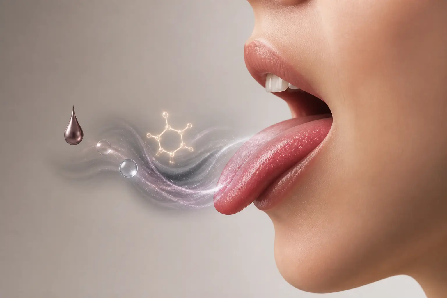 Gout métallique dans la bouche illustré par une bouche de profil et une sensation gustative altérée