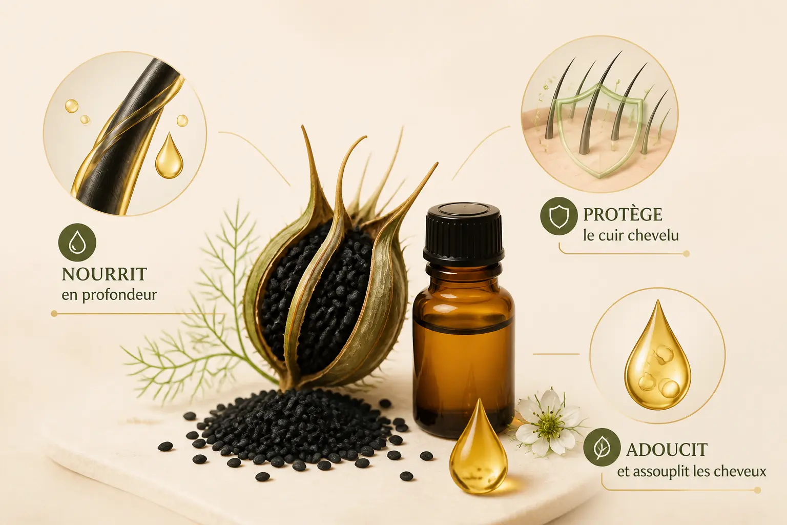 Huile de nigelle pour les cheveux : graine noire, flacon ambré, cuir chevelu protégé et fibre nourrie.