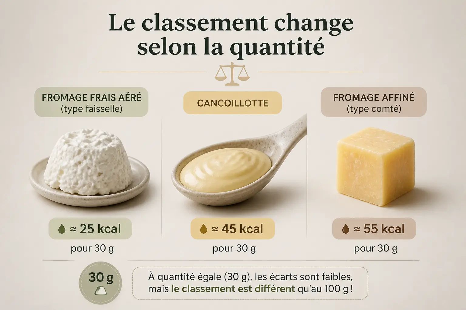 Comparatif du fromage le moins calorique : trois portions de 30 g, fromage frais, cancoillotte et fromage affiné.