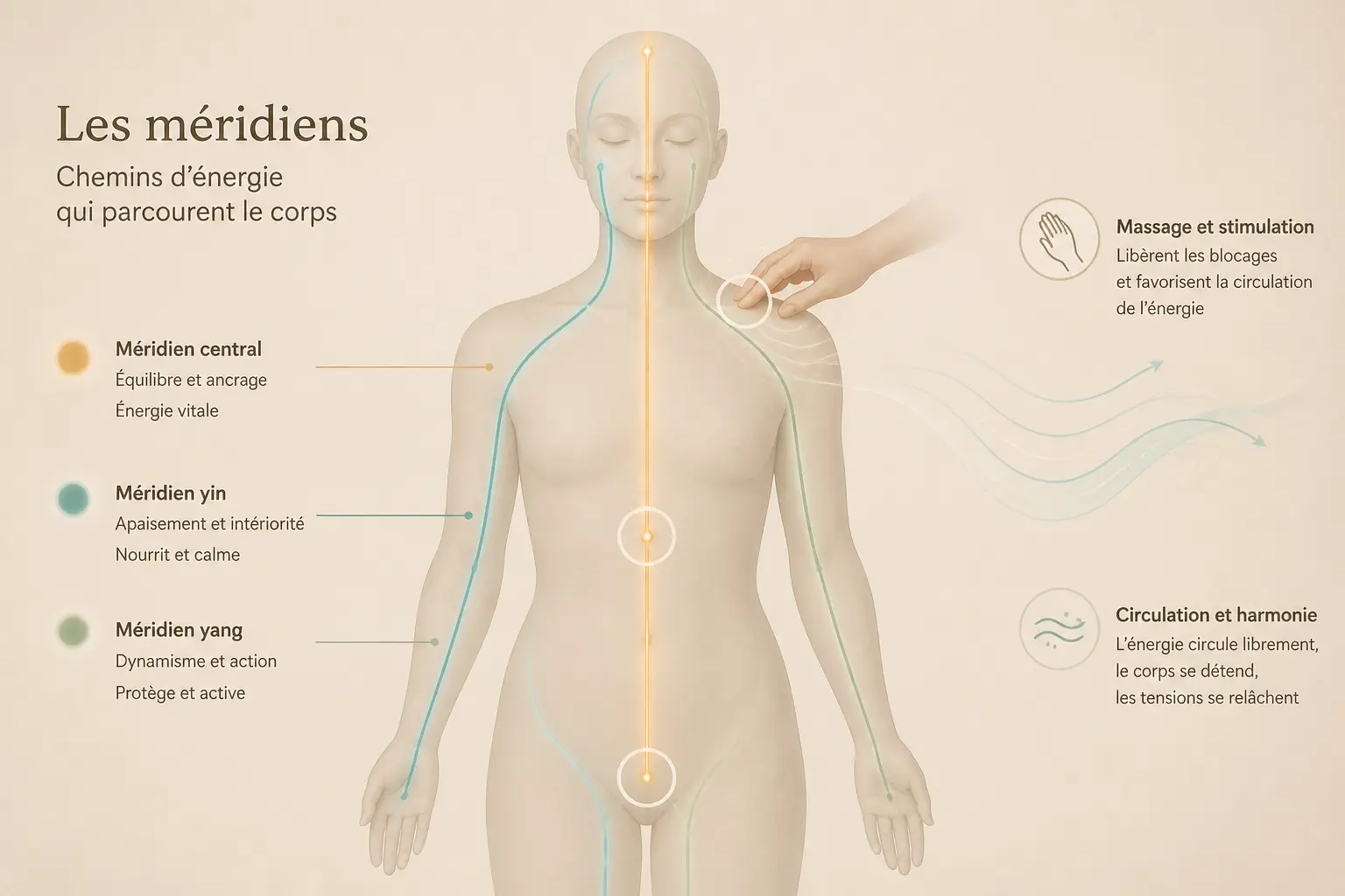 Massage energetique : silhouette avec méridiens lumineux, points clés et geste de massage apaisant