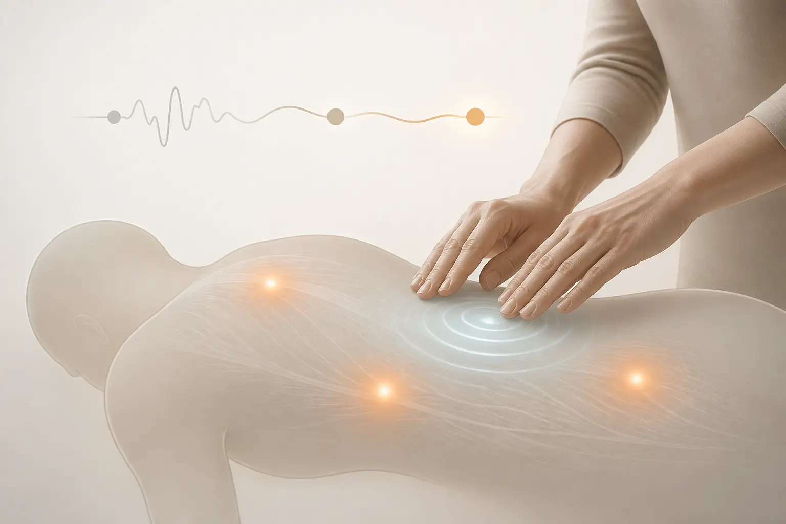 Microkinésithérapie : mains du thérapeute au-dessus d’un dos stylisé, avec zones de tension lumineuses.