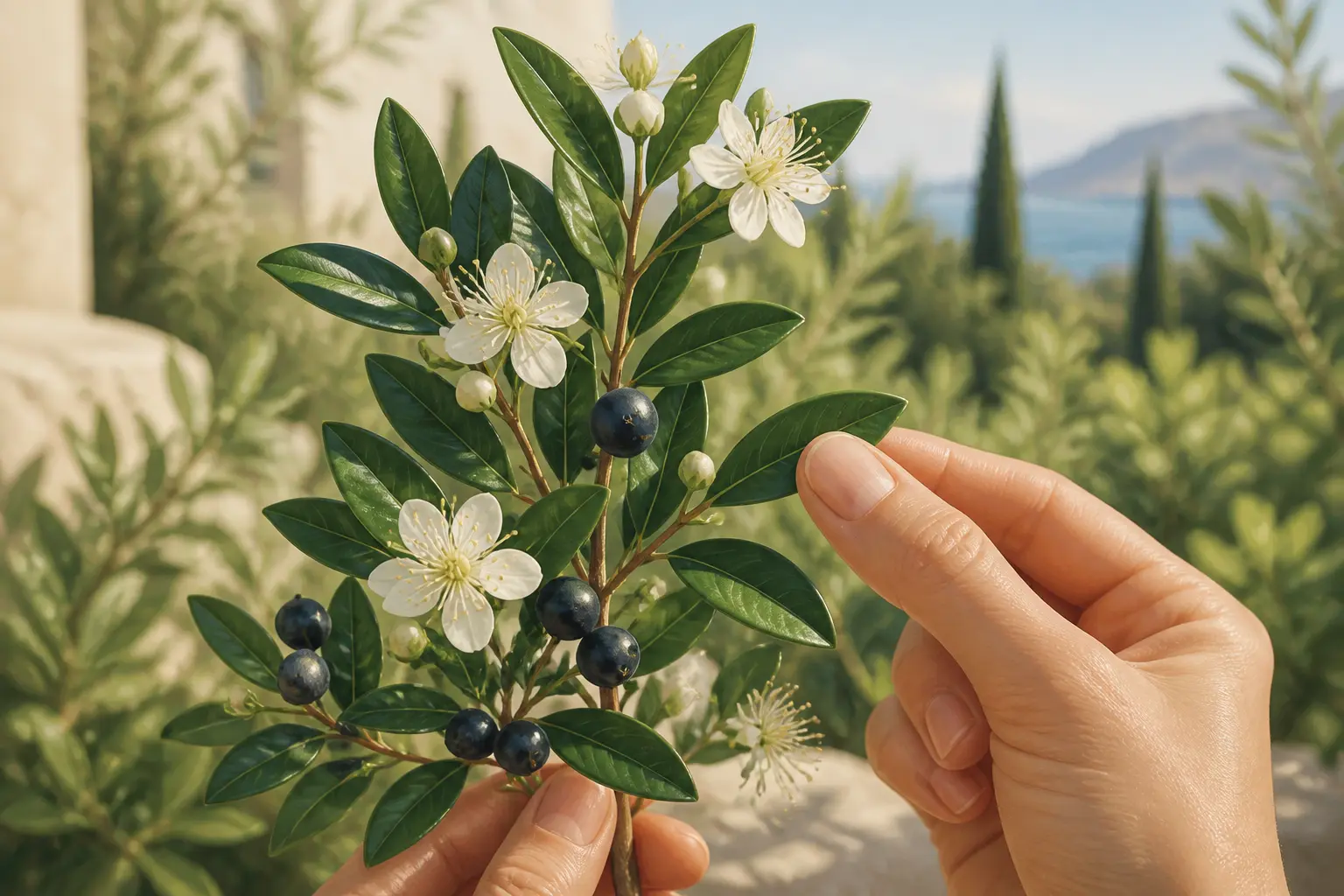 Myrte méditerranéen en gros plan, branche de Myrtus communis avec fleurs blanches et baies bleu-noir