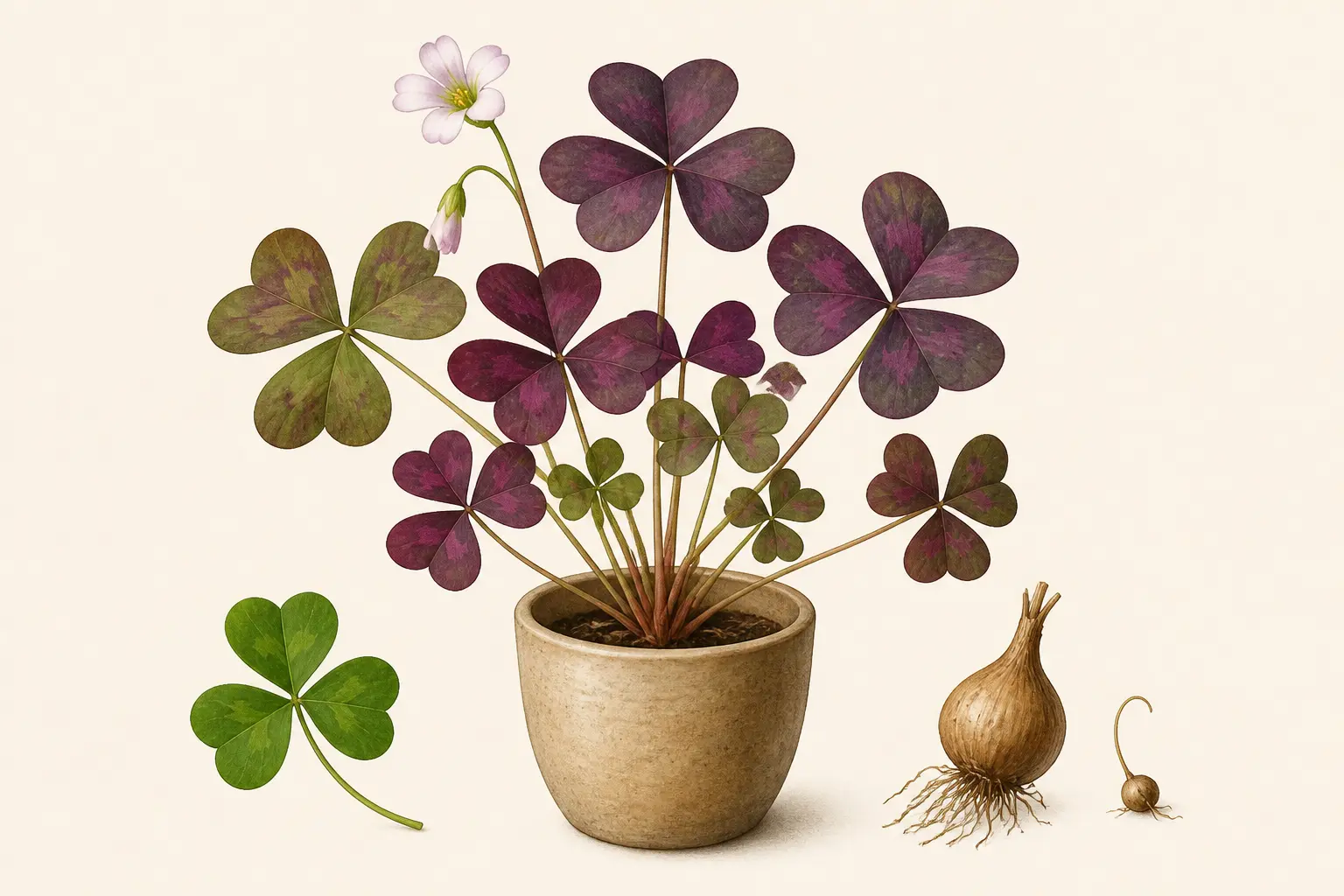 Oxalis en pot avec feuilles trifoliées violettes, bulbe et bulbille, comparé à un trèfle