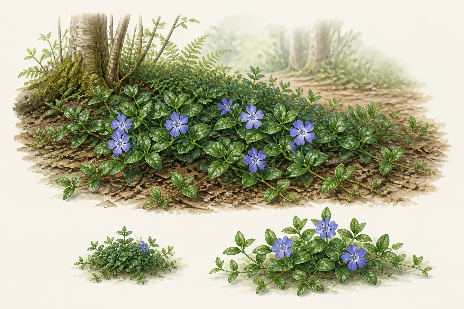 Pervenche tapissante aux feuilles luisantes et fleurs bleu-violet, avec deux tailles de touffes.