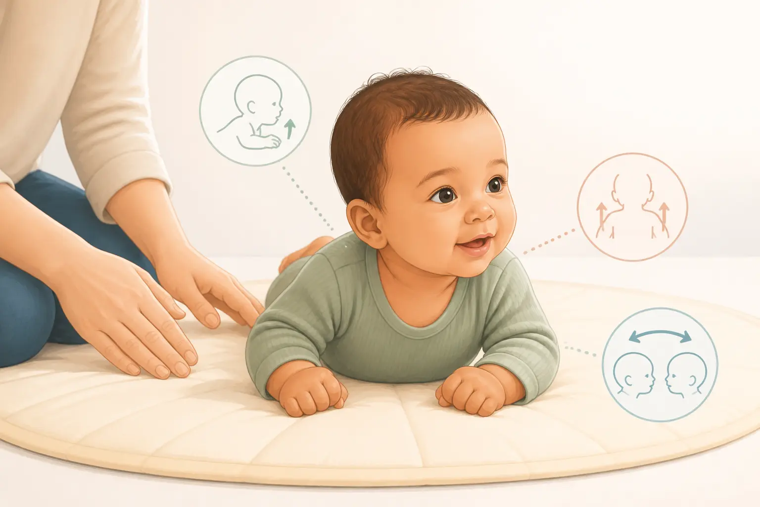 Bébé en tummy time sur un tapis moelleux, mains parentales proches, nuque et dos engagés.