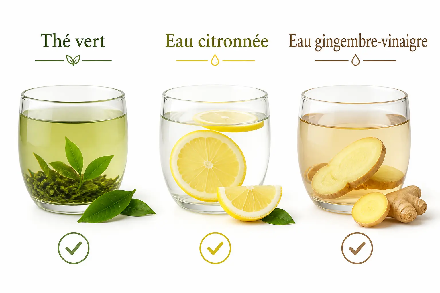Comparatif boisson pour maigrir : thé vert, eau citronnée et eau gingembre-vinaigre en verres