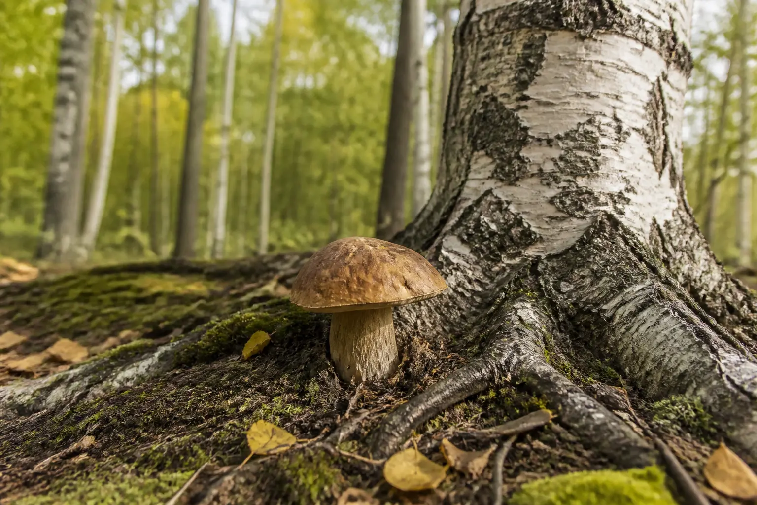 Bolet rude au pied d’un bouleau en forêt, sur mousse humide et litière de feuilles jaunes.