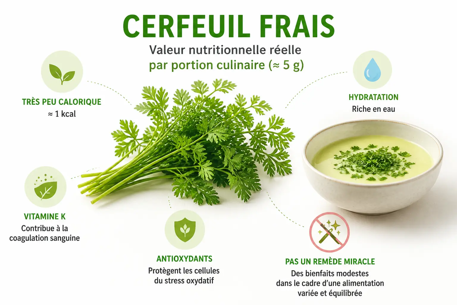 Cerfeuil frais en petite portion, soupe garnie, icônes de vitamines et minéraux, calories très faibles