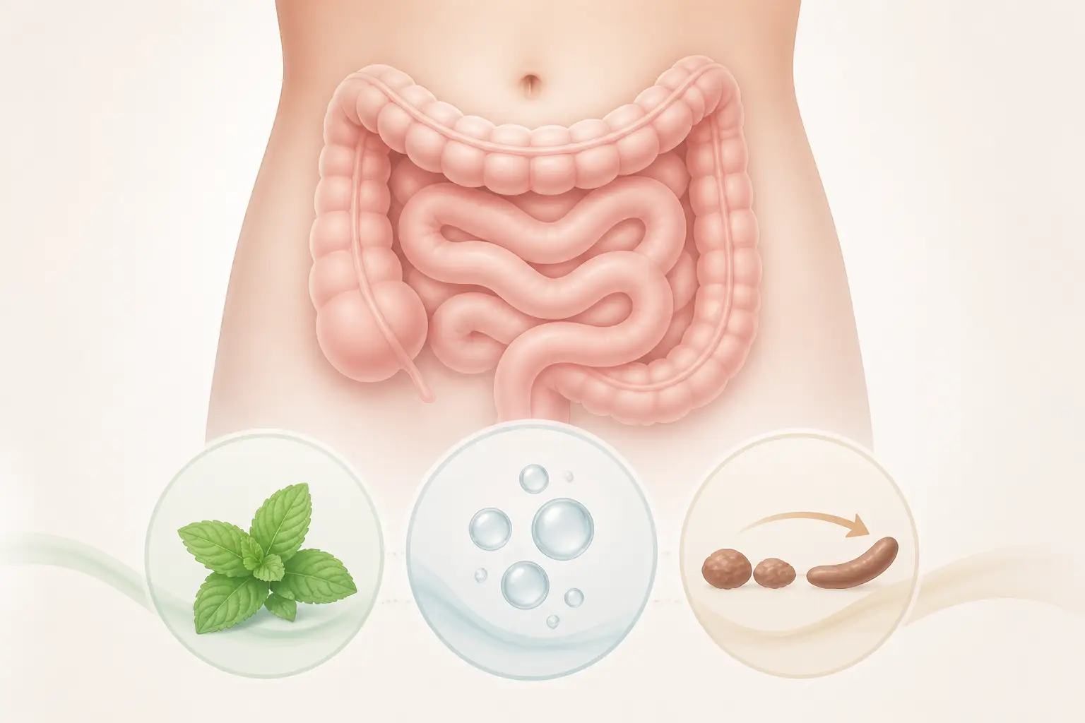 Colon irritable remède grand mère : illustration d’intestin avec menthe, bulles et transit alterné.