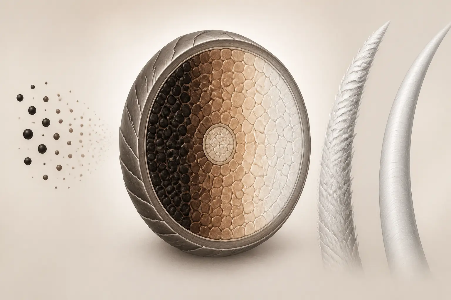 Schéma d’un cheveu qui blanchit, utile pour colorer les cheveux blancs naturellement, avec pigments qui s’estompent