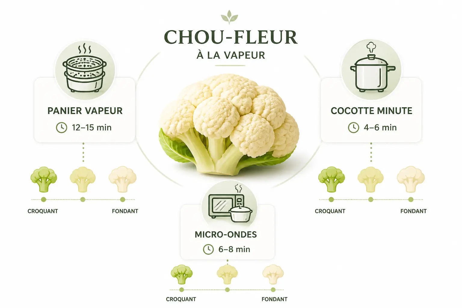 Cuisson vapeur chou fleur : infographie des temps selon panier vapeur, cocotte-minute et micro-ondes