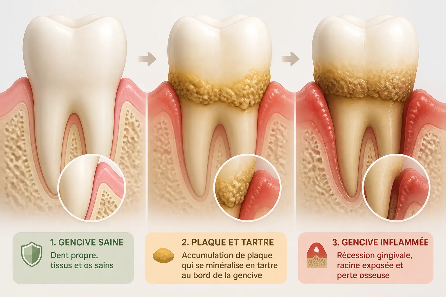 Déchaussement des dents : coupe montrant plaque, gencive inflammée et racine exposée