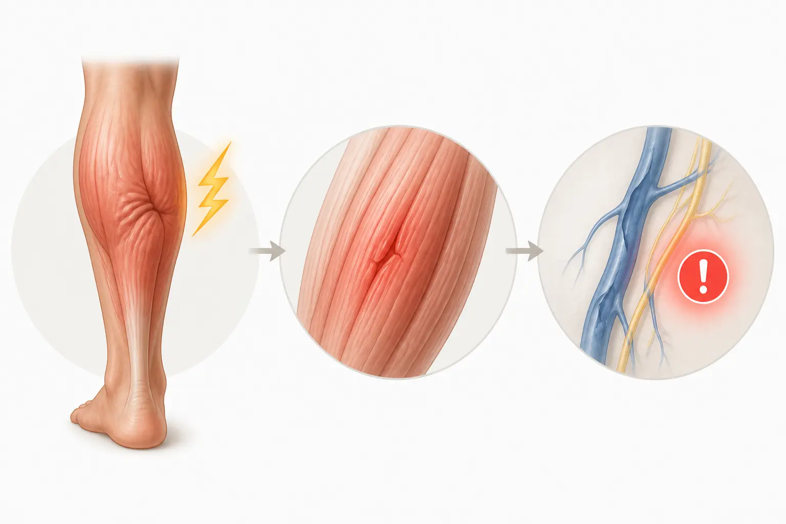 Douleur mollet gauche illustrée par une crampe, une fibre musculaire irritée et un signal veineux.