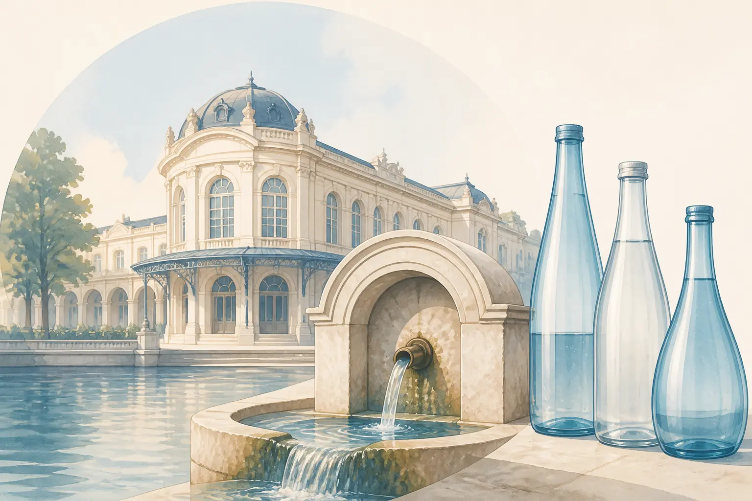 Illustration de l’eau de Vichy : spa historique, source thermale et bouteilles minérales emblématiques.