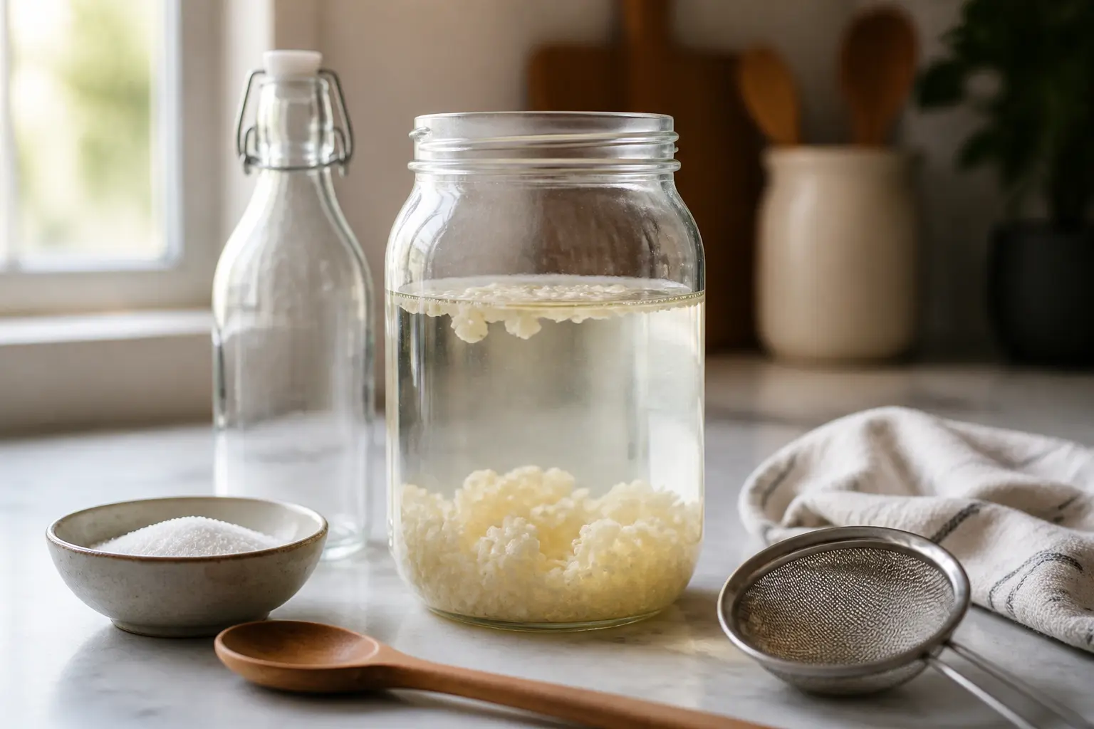 Faire du kefir : bocal en verre, grains, sucre, passoire et bouteille sur un plan de travail clair