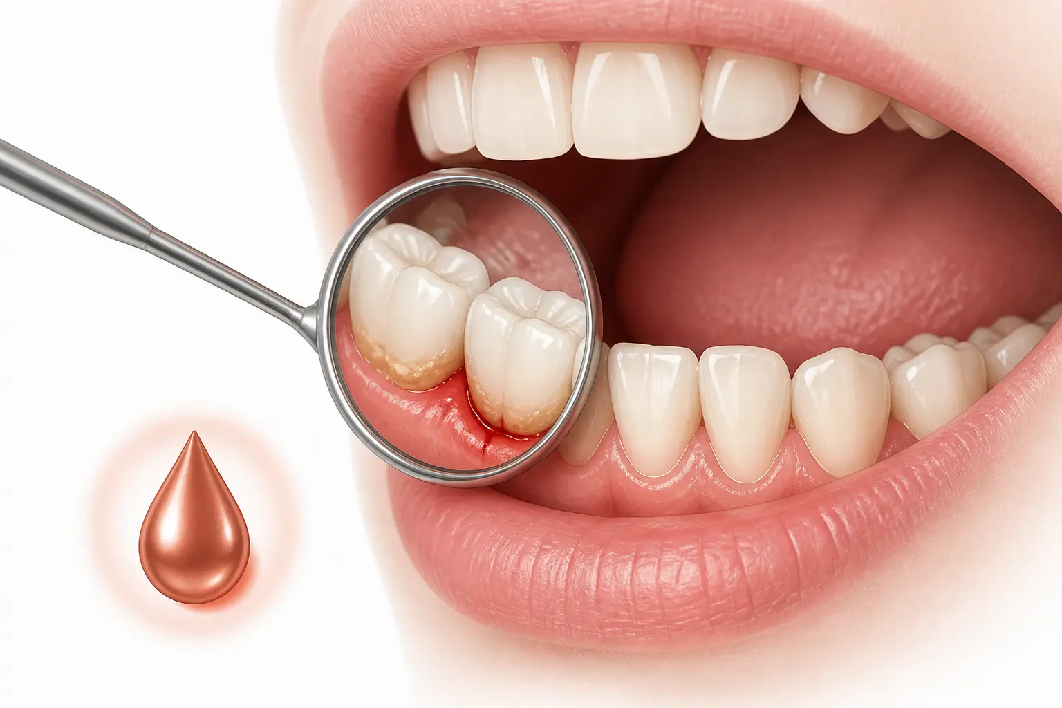 Gout métallique dans la bouche : gros plan sur gencive irritée, léger saignement et tartre dentaire.