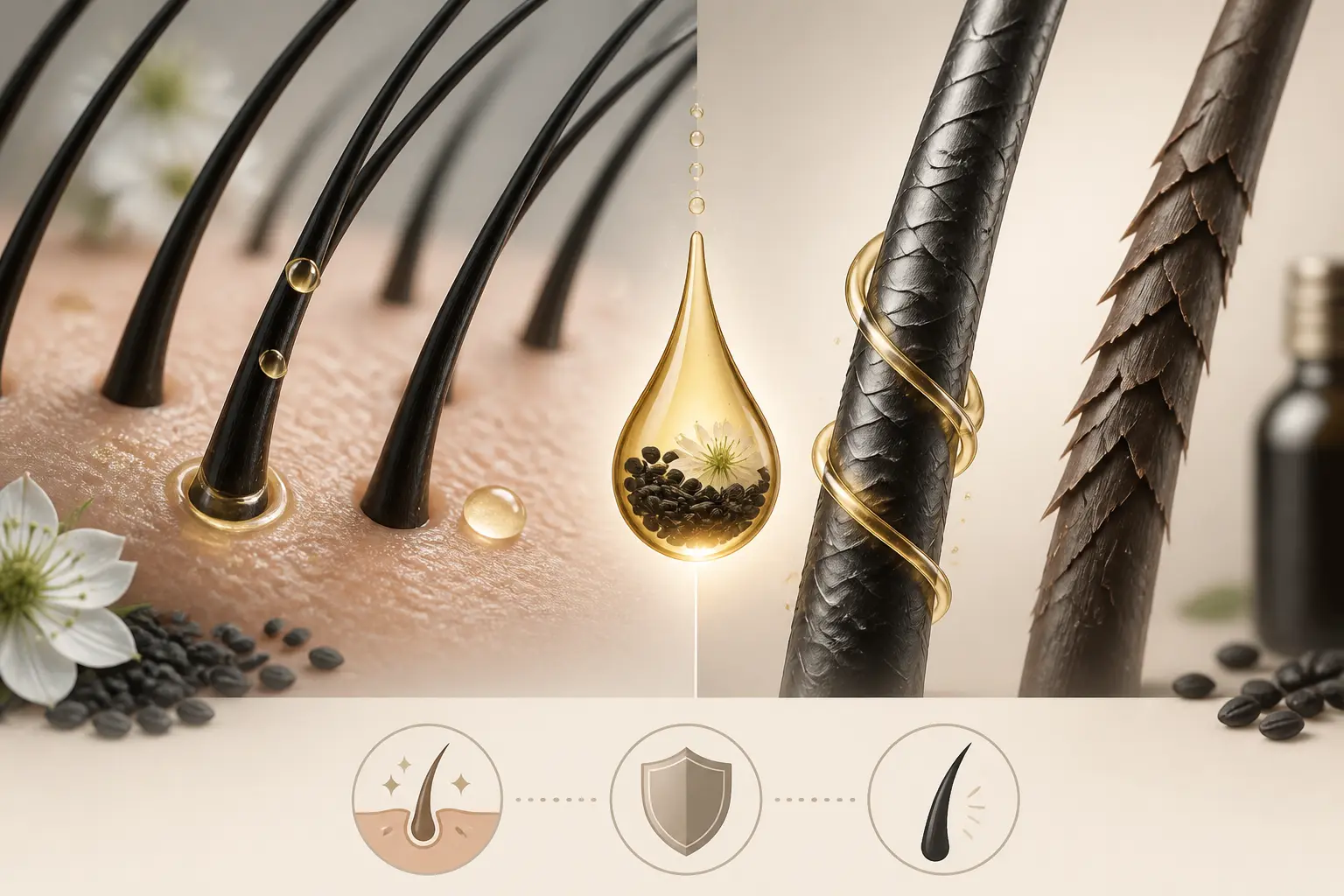 Huile de nigelle pour les cheveux : cuir chevelu apaisé, fibre capillaire protégée et éclat discret