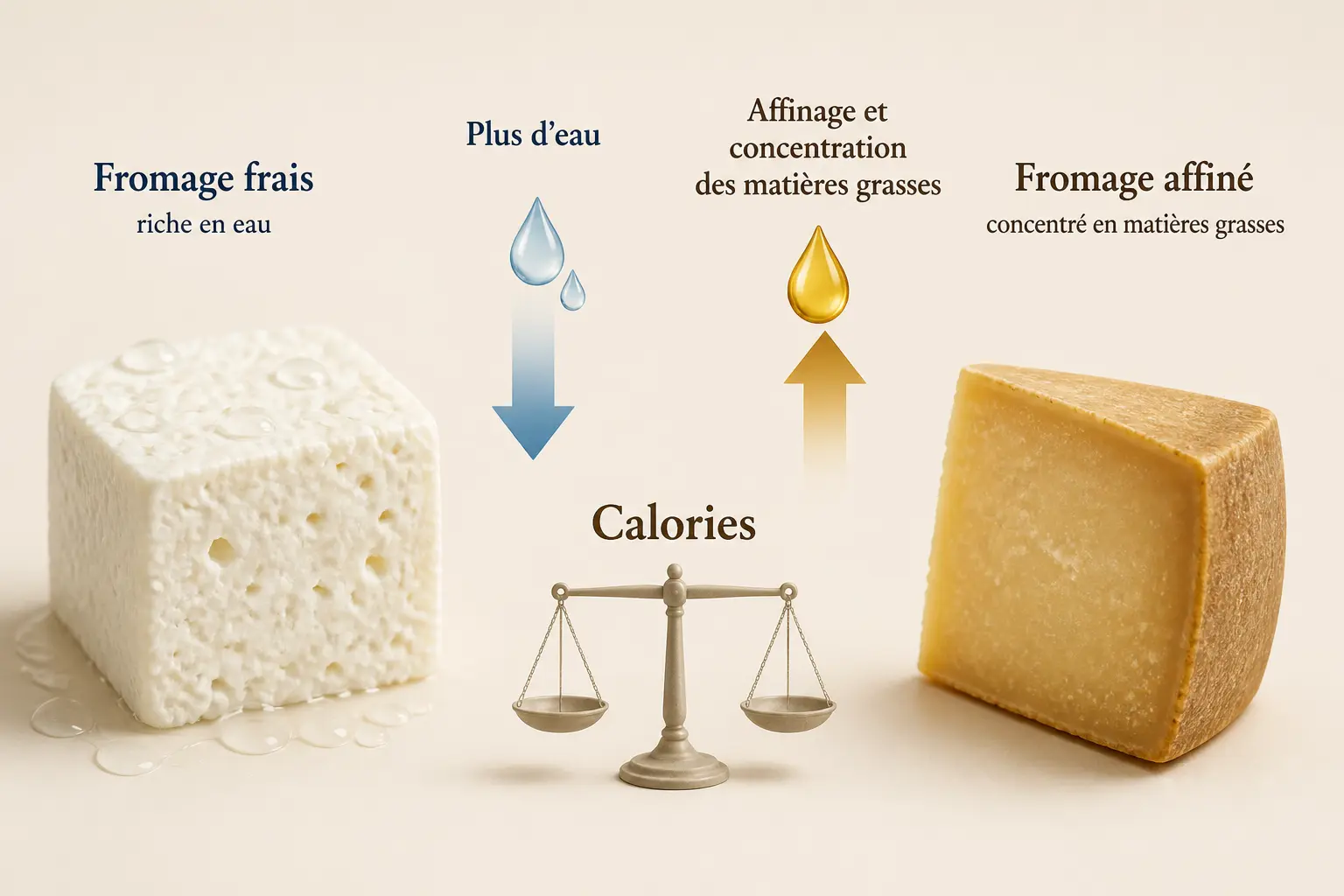 Comparaison visuelle du fromage le moins calorique : fromage frais léger face à fromage affiné plus dense.