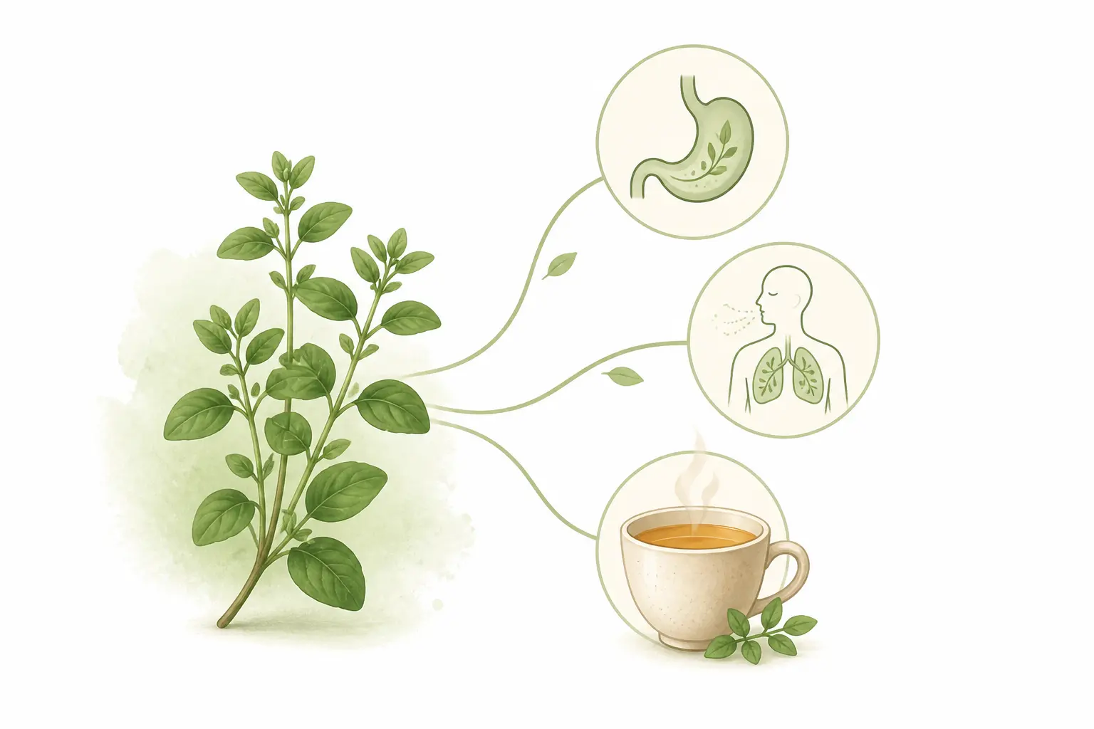 Marjolaine illustrée avec ventre apaisé, respiration calme et tasse de tisane, sur fond clair.