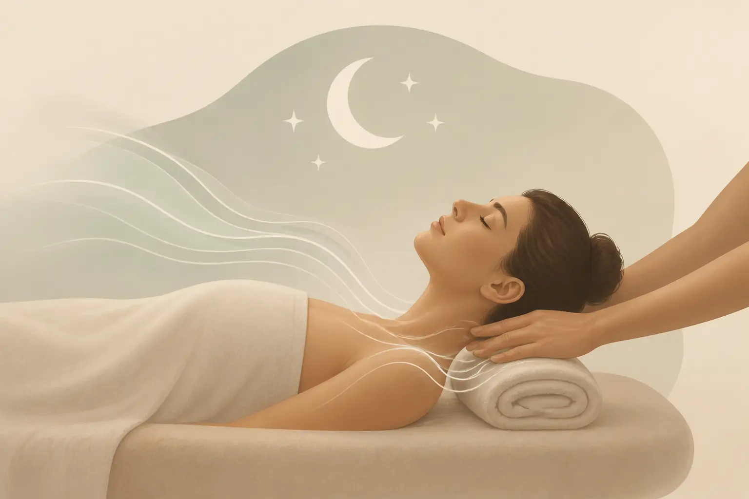 Massage energetique : personne allongée, lignes apaisantes, lune et étoiles, épaules détendues.
