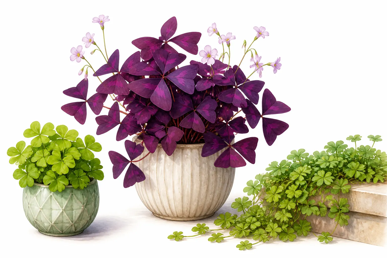 Sélection d’oxalis : Oxalis triangularis pourpre, oxalis vert compact et couvre-sol envahissant.